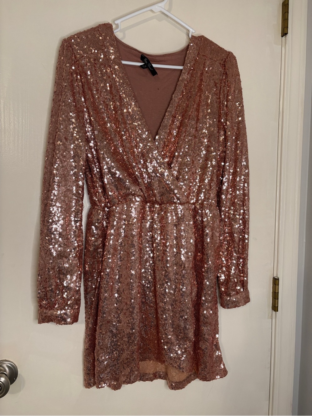 Honey Punch Rose Gold Sequin Wrap Long Sleeve Dress